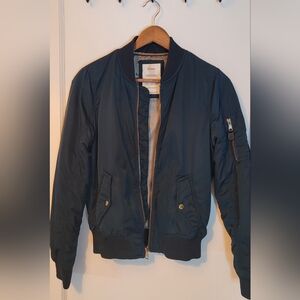 Bershka Dark Blue Bomber Jacket with Zip & Pocket Detail